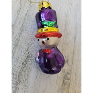 Purple snowman mistletoe blown glass ornament Xmas decor